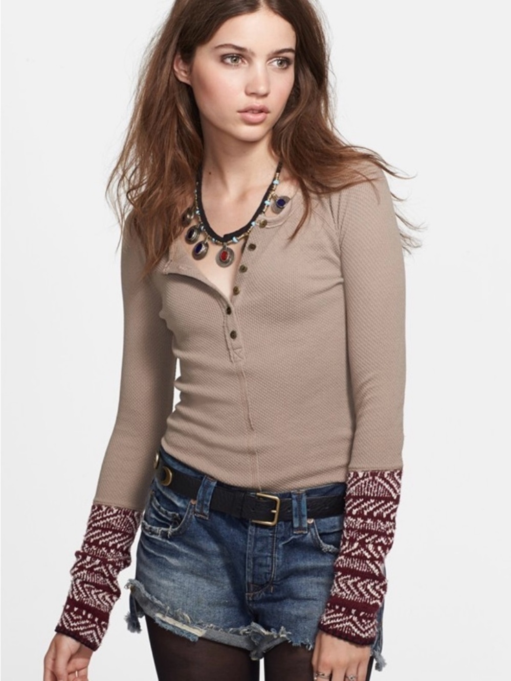 Free People Nordic Alpine Cuff Thermal Waffle Knit Beige Long Sleeve Henley Top